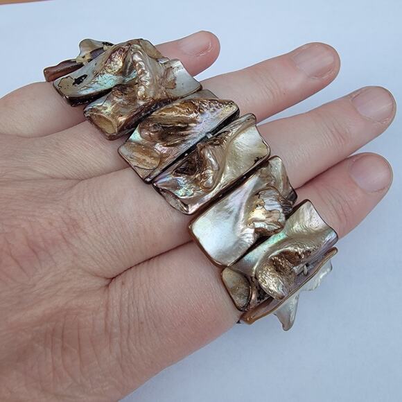 Vintage shell stretch bracelet chunky brown mother of pearl boho - Picture 6 of 10